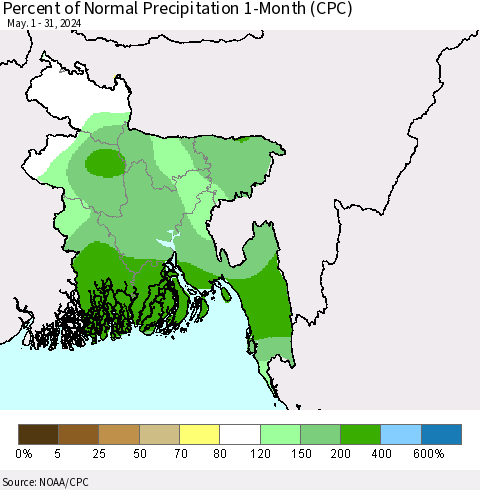 Bangladesh Percent of Normal Precipitation 1-Month (CPC) Thematic Map For 5/1/2024 - 5/31/2024