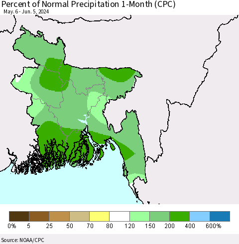 Bangladesh Percent of Normal Precipitation 1-Month (CPC) Thematic Map For 5/6/2024 - 6/5/2024