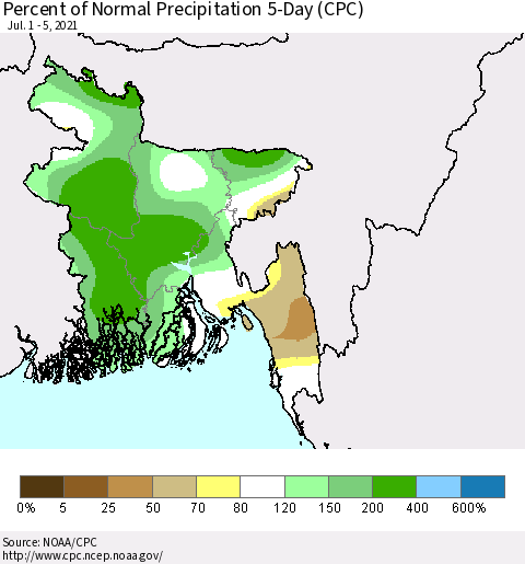 Bangladesh Percent of Normal Precipitation 5-Day (CPC) Thematic Map For 7/1/2021 - 7/5/2021