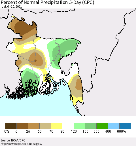 Bangladesh Percent of Normal Precipitation 5-Day (CPC) Thematic Map For 7/6/2021 - 7/10/2021