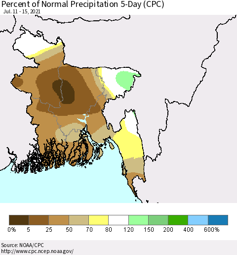 Bangladesh Percent of Normal Precipitation 5-Day (CPC) Thematic Map For 7/11/2021 - 7/15/2021