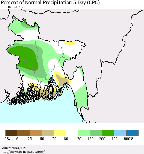 Bangladesh Percent of Normal Precipitation 5-Day (CPC) Thematic Map For 7/16/2021 - 7/20/2021