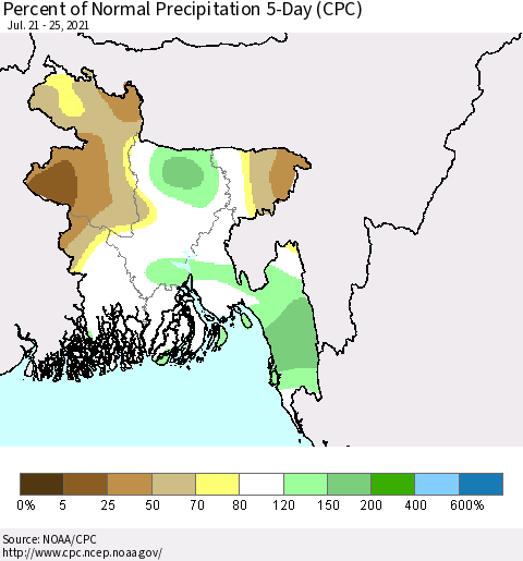 Bangladesh Percent of Normal Precipitation 5-Day (CPC) Thematic Map For 7/21/2021 - 7/25/2021