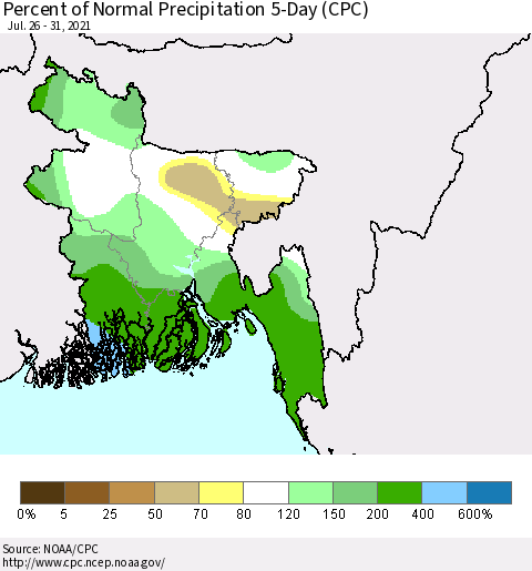 Bangladesh Percent of Normal Precipitation 5-Day (CPC) Thematic Map For 7/26/2021 - 7/31/2021