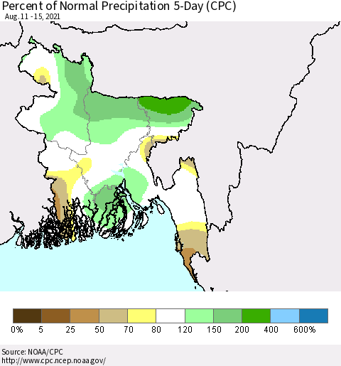Bangladesh Percent of Normal Precipitation 5-Day (CPC) Thematic Map For 8/11/2021 - 8/15/2021