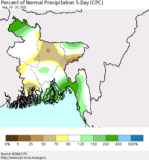 Bangladesh Percent of Normal Precipitation 5-Day (CPC) Thematic Map For 8/16/2021 - 8/20/2021