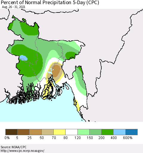 Bangladesh Percent of Normal Precipitation 5-Day (CPC) Thematic Map For 8/26/2021 - 8/31/2021