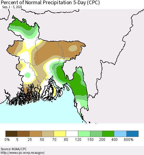 Bangladesh Percent of Normal Precipitation 5-Day (CPC) Thematic Map For 9/1/2021 - 9/5/2021