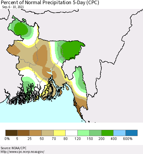 Bangladesh Percent of Normal Precipitation 5-Day (CPC) Thematic Map For 9/6/2021 - 9/10/2021