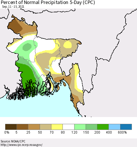 Bangladesh Percent of Normal Precipitation 5-Day (CPC) Thematic Map For 9/11/2021 - 9/15/2021