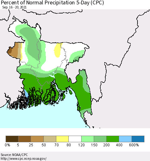Bangladesh Percent of Normal Precipitation 5-Day (CPC) Thematic Map For 9/16/2021 - 9/20/2021