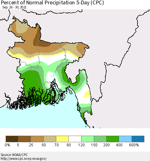 Bangladesh Percent of Normal Precipitation 5-Day (CPC) Thematic Map For 9/26/2021 - 9/30/2021