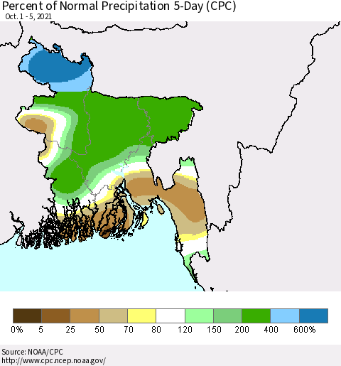 Bangladesh Percent of Normal Precipitation 5-Day (CPC) Thematic Map For 10/1/2021 - 10/5/2021