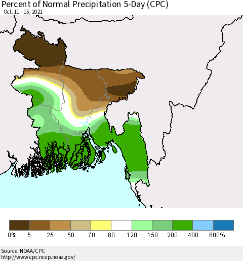 Bangladesh Percent of Normal Precipitation 5-Day (CPC) Thematic Map For 10/11/2021 - 10/15/2021