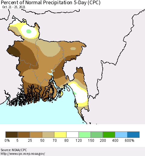 Bangladesh Percent of Normal Precipitation 5-Day (CPC) Thematic Map For 10/21/2021 - 10/25/2021