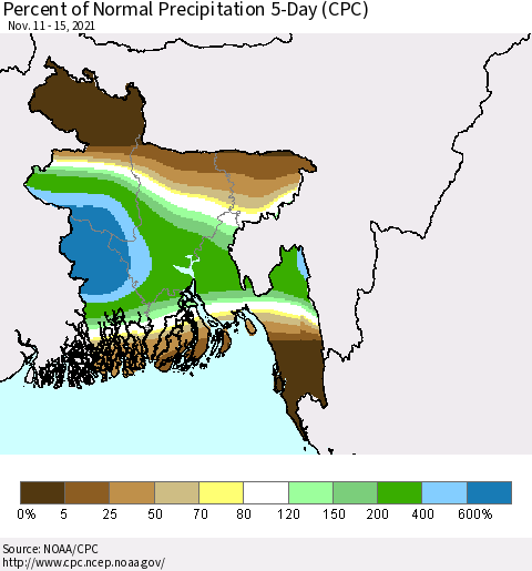 Bangladesh Percent of Normal Precipitation 5-Day (CPC) Thematic Map For 11/11/2021 - 11/15/2021