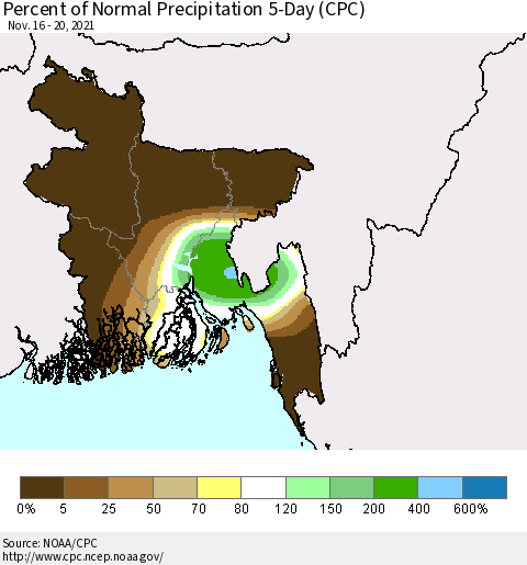 Bangladesh Percent of Normal Precipitation 5-Day (CPC) Thematic Map For 11/16/2021 - 11/20/2021