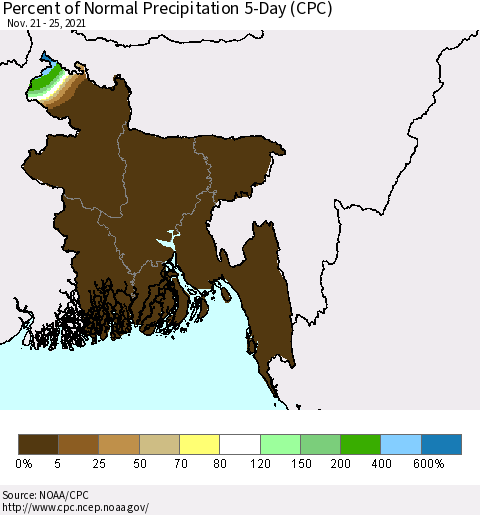 Bangladesh Percent of Normal Precipitation 5-Day (CPC) Thematic Map For 11/21/2021 - 11/25/2021