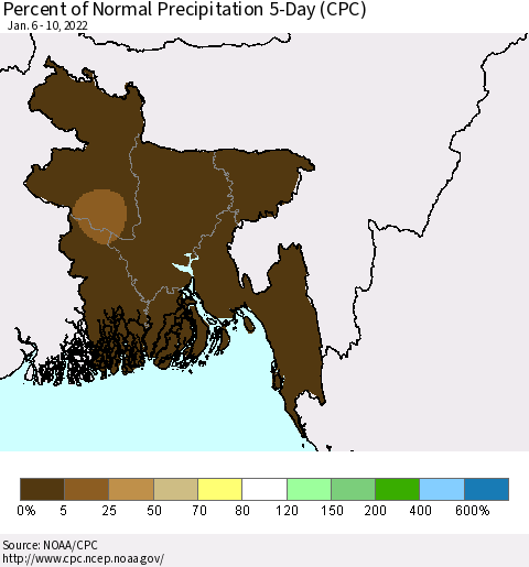 Bangladesh Percent of Normal Precipitation 5-Day (CPC) Thematic Map For 1/6/2022 - 1/10/2022