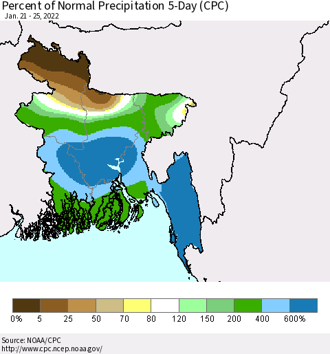 Bangladesh Percent of Normal Precipitation 5-Day (CPC) Thematic Map For 1/21/2022 - 1/25/2022