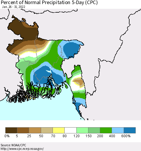 Bangladesh Percent of Normal Precipitation 5-Day (CPC) Thematic Map For 1/26/2022 - 1/31/2022