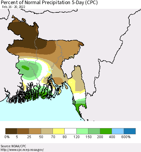 Bangladesh Percent of Normal Precipitation 5-Day (CPC) Thematic Map For 2/16/2022 - 2/20/2022