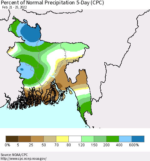 Bangladesh Percent of Normal Precipitation 5-Day (CPC) Thematic Map For 2/21/2022 - 2/25/2022