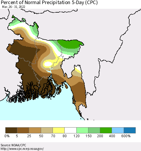 Bangladesh Percent of Normal Precipitation 5-Day (CPC) Thematic Map For 3/26/2022 - 3/31/2022