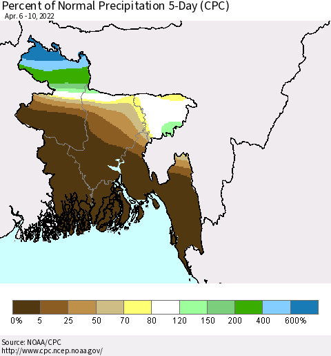 Bangladesh Percent of Normal Precipitation 5-Day (CPC) Thematic Map For 4/6/2022 - 4/10/2022