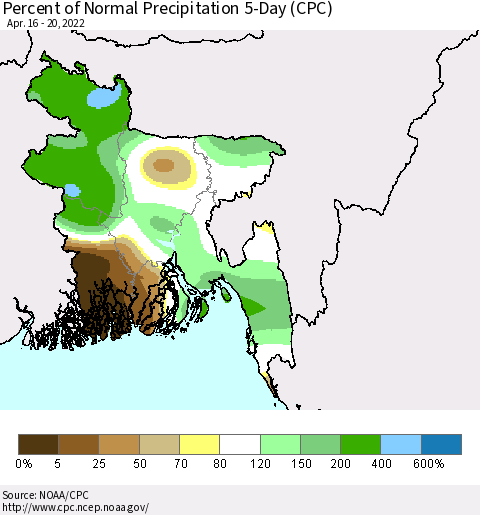 Bangladesh Percent of Normal Precipitation 5-Day (CPC) Thematic Map For 4/16/2022 - 4/20/2022