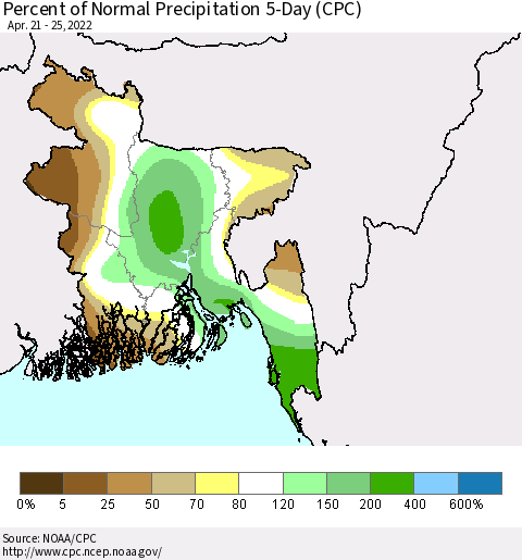 Bangladesh Percent of Normal Precipitation 5-Day (CPC) Thematic Map For 4/21/2022 - 4/25/2022