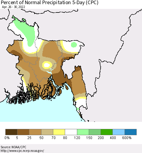 Bangladesh Percent of Normal Precipitation 5-Day (CPC) Thematic Map For 4/26/2022 - 4/30/2022