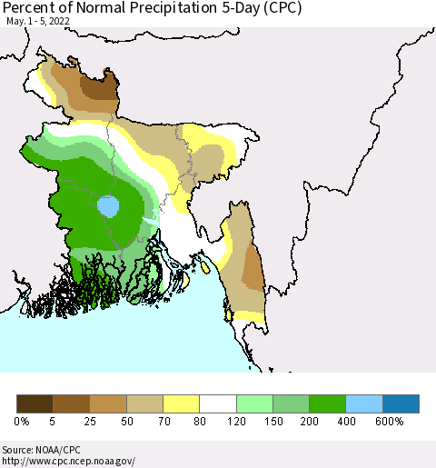Bangladesh Percent of Normal Precipitation 5-Day (CPC) Thematic Map For 5/1/2022 - 5/5/2022