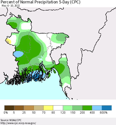 Bangladesh Percent of Normal Precipitation 5-Day (CPC) Thematic Map For 5/6/2022 - 5/10/2022