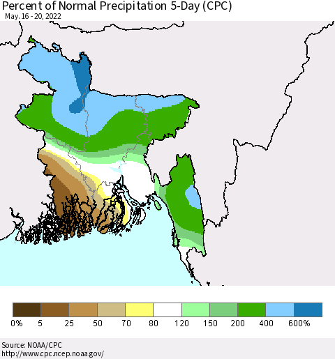 Bangladesh Percent of Normal Precipitation 5-Day (CPC) Thematic Map For 5/16/2022 - 5/20/2022