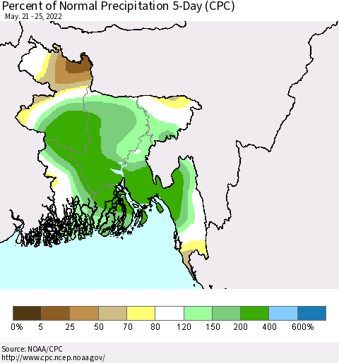 Bangladesh Percent of Normal Precipitation 5-Day (CPC) Thematic Map For 5/21/2022 - 5/25/2022