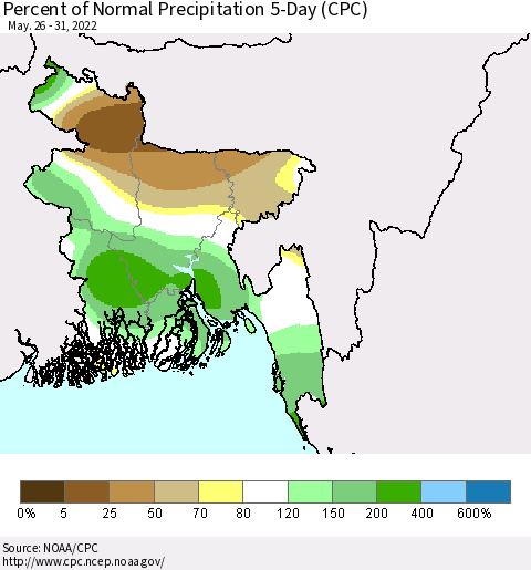Bangladesh Percent of Normal Precipitation 5-Day (CPC) Thematic Map For 5/26/2022 - 5/31/2022