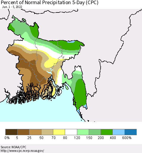 Bangladesh Percent of Normal Precipitation 5-Day (CPC) Thematic Map For 6/1/2022 - 6/5/2022