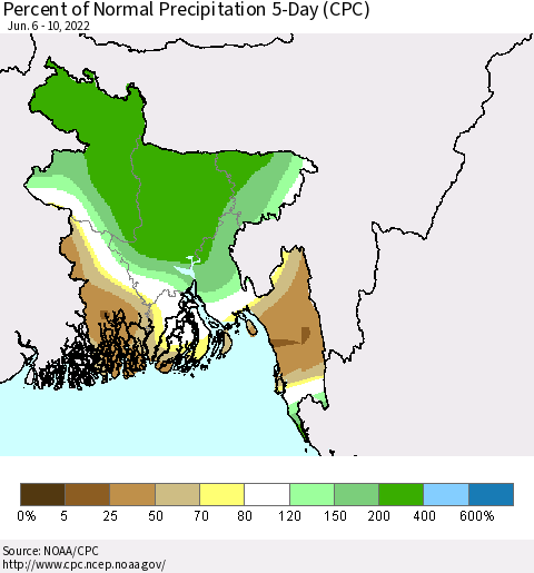 Bangladesh Percent of Normal Precipitation 5-Day (CPC) Thematic Map For 6/6/2022 - 6/10/2022