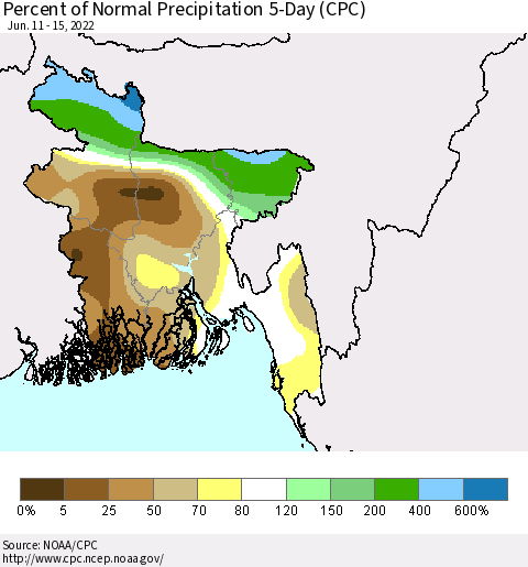Bangladesh Percent of Normal Precipitation 5-Day (CPC) Thematic Map For 6/11/2022 - 6/15/2022