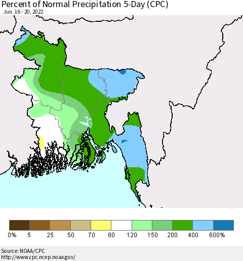 Bangladesh Percent of Normal Precipitation 5-Day (CPC) Thematic Map For 6/16/2022 - 6/20/2022