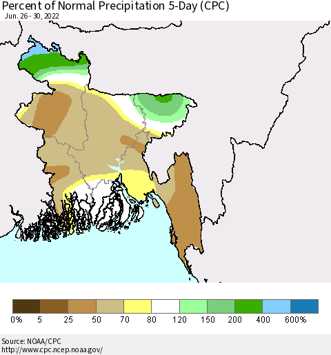 Bangladesh Percent of Normal Precipitation 5-Day (CPC) Thematic Map For 6/26/2022 - 6/30/2022