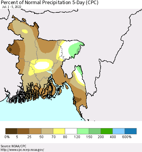 Bangladesh Percent of Normal Precipitation 5-Day (CPC) Thematic Map For 7/1/2022 - 7/5/2022