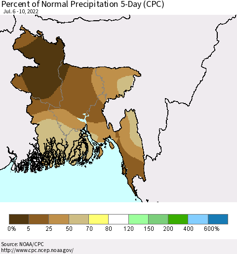 Bangladesh Percent of Normal Precipitation 5-Day (CPC) Thematic Map For 7/6/2022 - 7/10/2022
