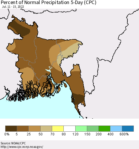 Bangladesh Percent of Normal Precipitation 5-Day (CPC) Thematic Map For 7/11/2022 - 7/15/2022