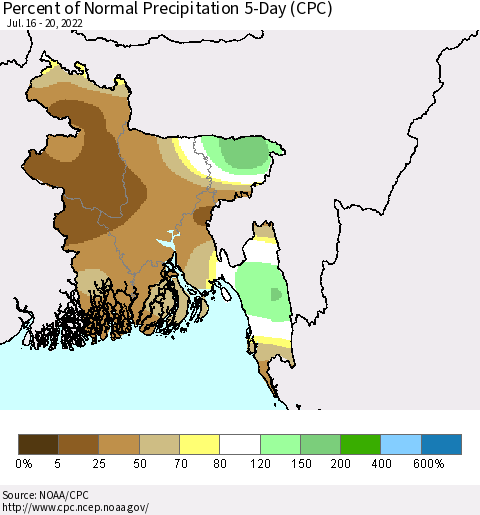 Bangladesh Percent of Normal Precipitation 5-Day (CPC) Thematic Map For 7/16/2022 - 7/20/2022