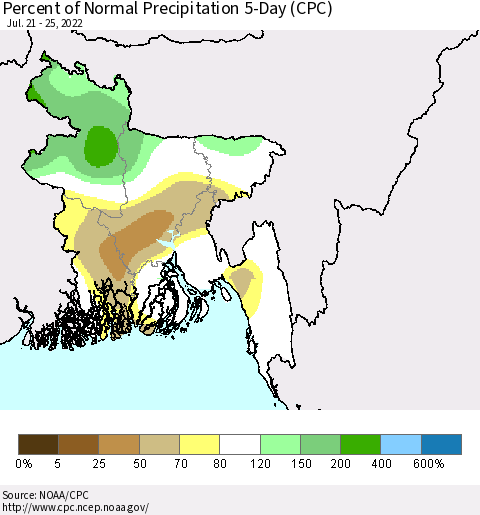 Bangladesh Percent of Normal Precipitation 5-Day (CPC) Thematic Map For 7/21/2022 - 7/25/2022