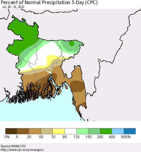 Bangladesh Percent of Normal Precipitation 5-Day (CPC) Thematic Map For 7/26/2022 - 7/31/2022