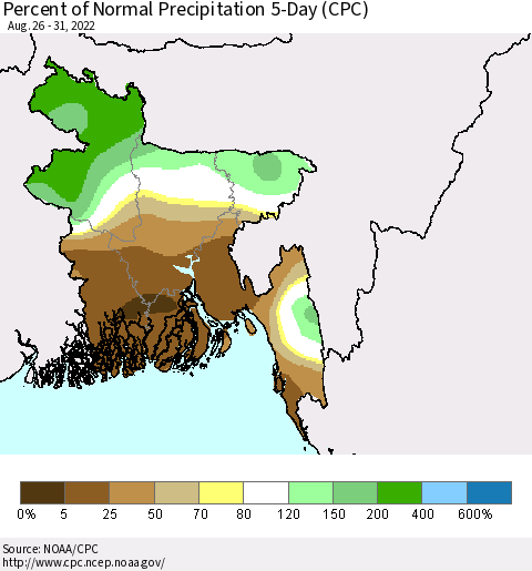Bangladesh Percent of Normal Precipitation 5-Day (CPC) Thematic Map For 8/26/2022 - 8/31/2022