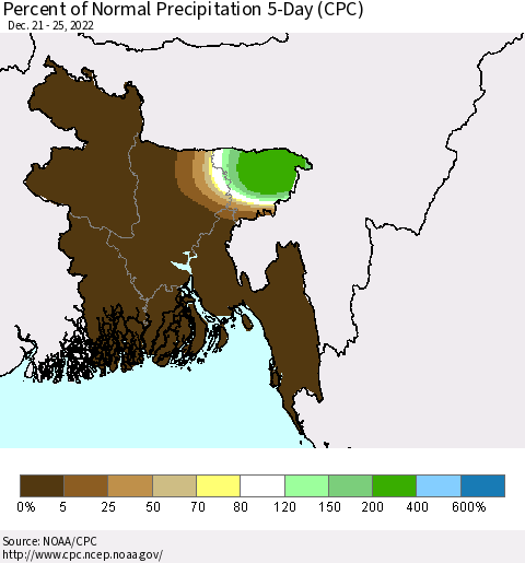 Bangladesh Percent of Normal Precipitation 5-Day (CPC) Thematic Map For 12/21/2022 - 12/25/2022